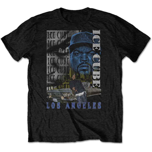 Black t-shirt with a graphic of rapper Ice Cube and Los Angeles skyline.