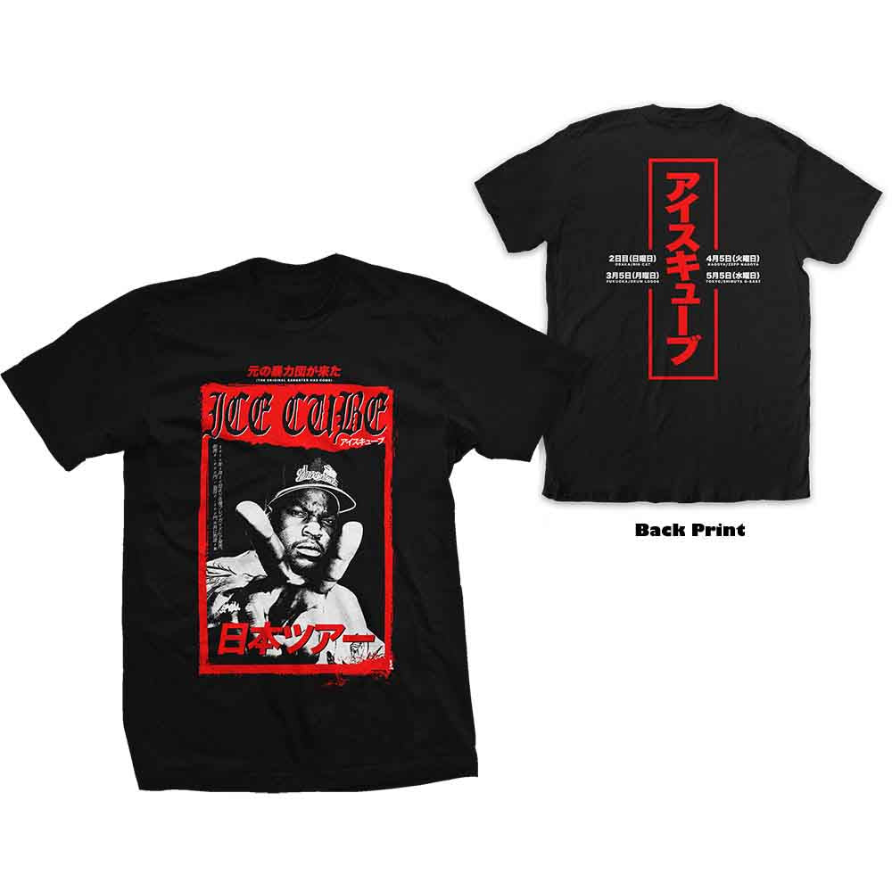 Black t-shirt with a graphic print of Ice Cube in red and black.