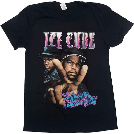 Black t-shirt with a graphic of Ice Cube and text “Today was a Good Day”.