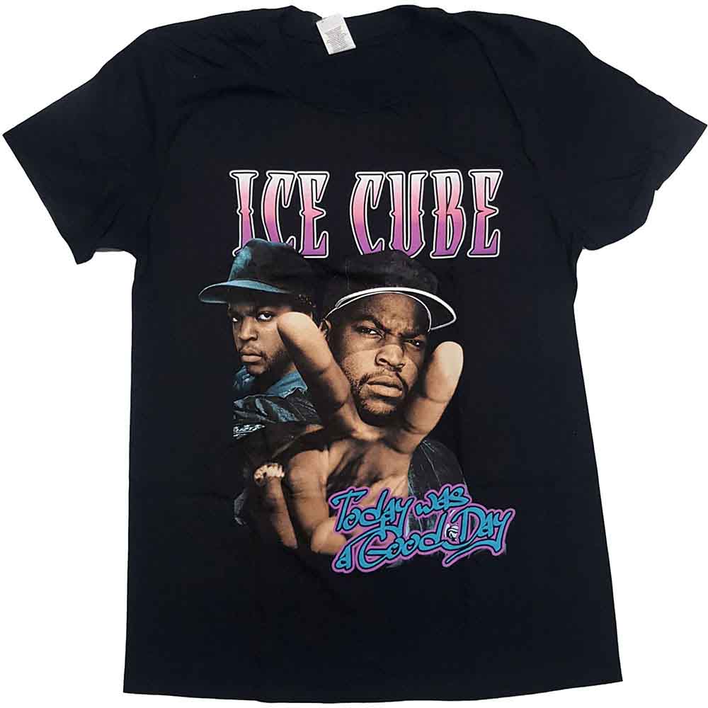 Black t-shirt with a graphic of Ice Cube and text “Today was a Good Day”.