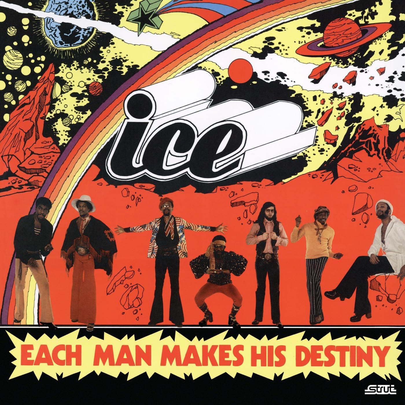 Album cover for ICE’s “Each Man Makes His Destiny” featuring a band and space scene.