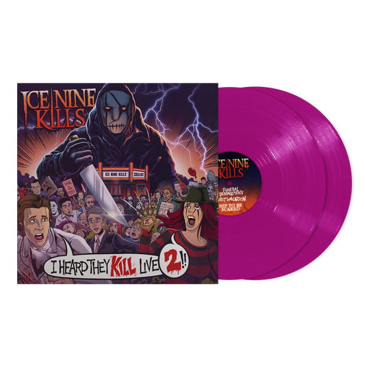 Ice Nine Kills album cover featuring a masked figure and two bright violet vinyl records.