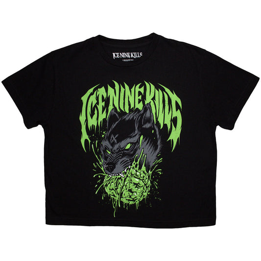 Black women's crop top featuring a graphic of a wolf from Ice Nine Kills.