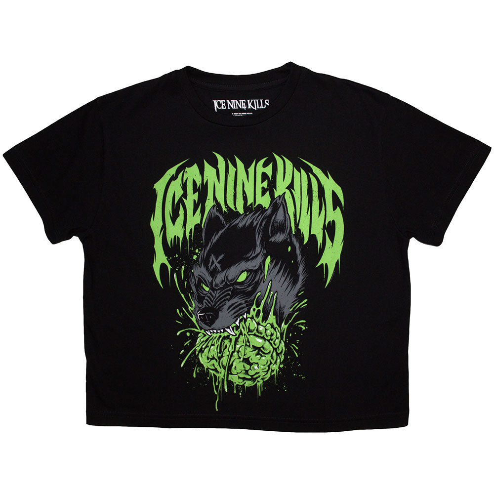 Black women's crop top featuring a graphic of a wolf from Ice Nine Kills.