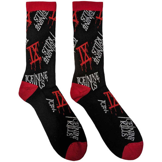 Pair of black ankle socks with repeated red and white Ice Nine Kills logos.