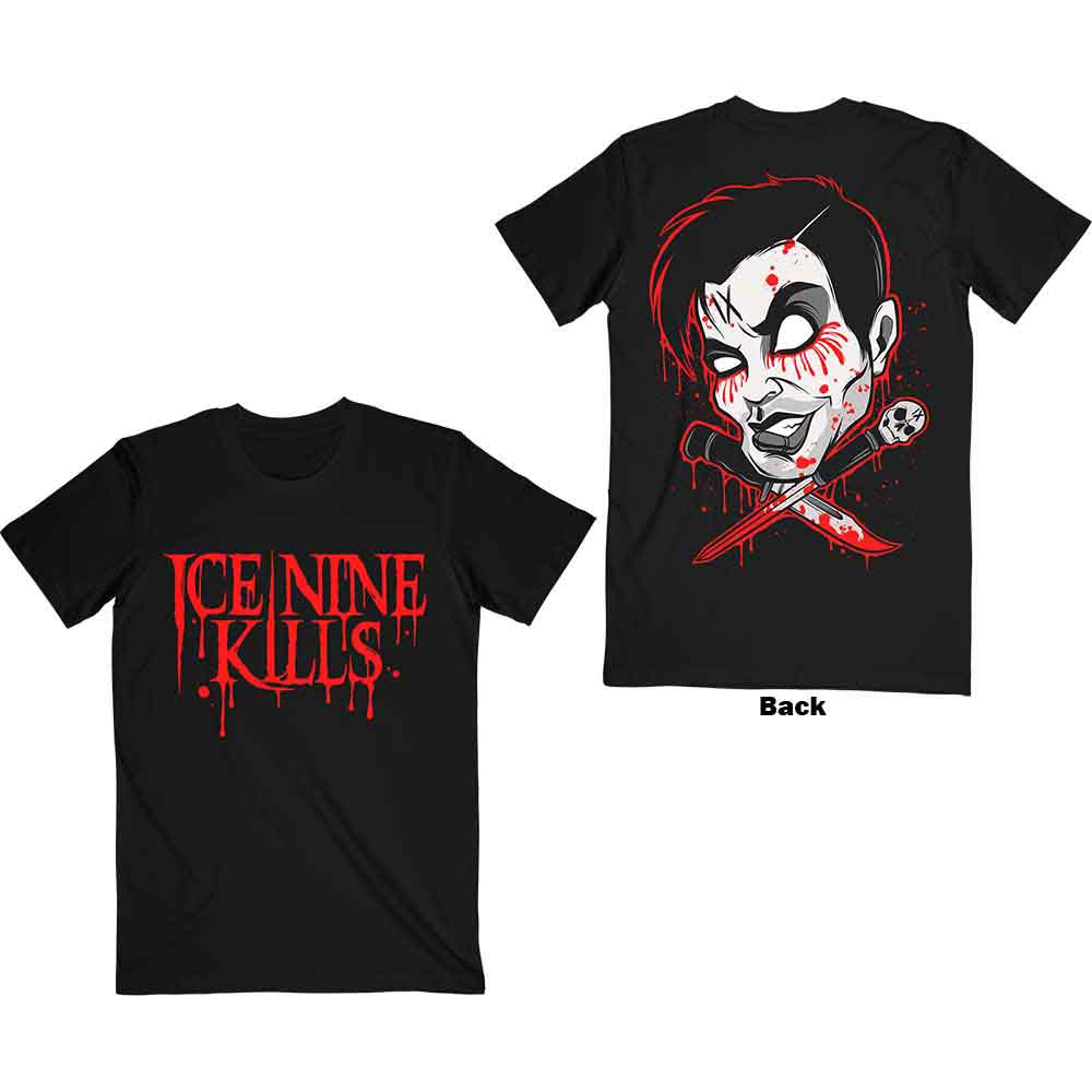 Black t-shirt with large back print of crossed swords, Ice Nine Kills logo.