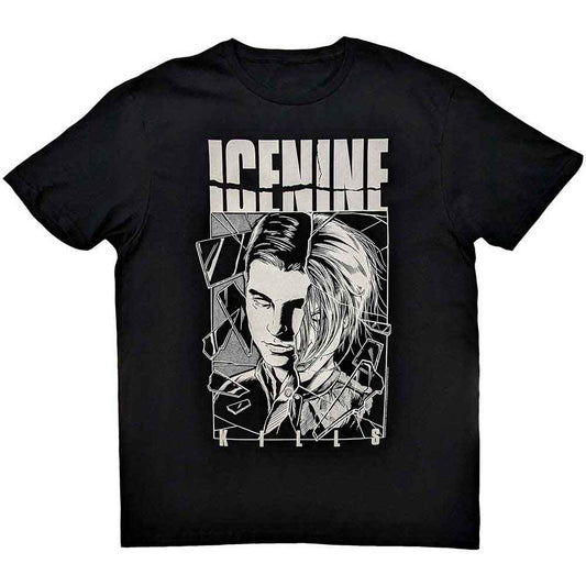 Black t-shirt split with a bloody shower scene and face design, Ice Nine Kills logo.