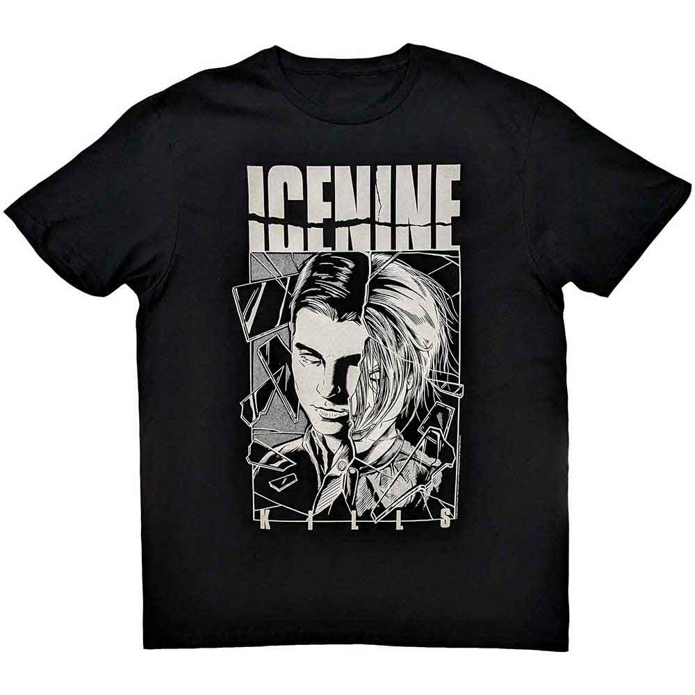 Black t-shirt split with a bloody shower scene and face design, Ice Nine Kills logo.