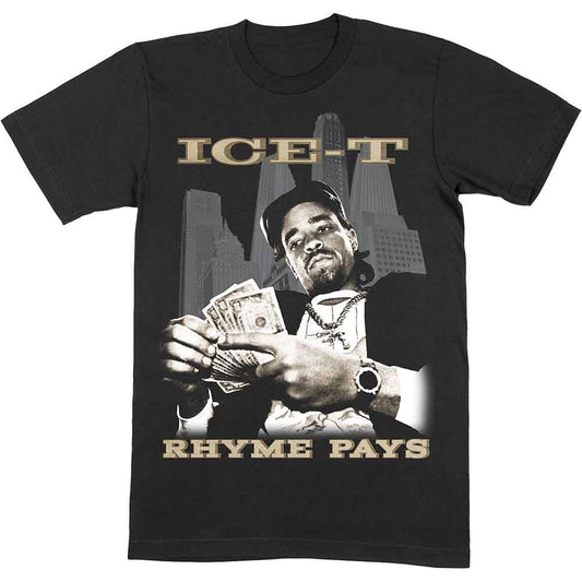 Black t-shirt with a graphic of Ice-T holding money, “Rhyme Pays” text.