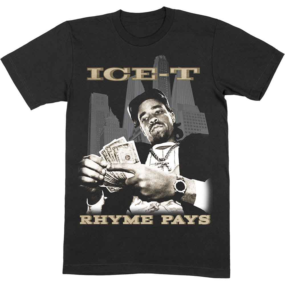 Black t-shirt with a graphic of Ice-T holding money, “Rhyme Pays” text.