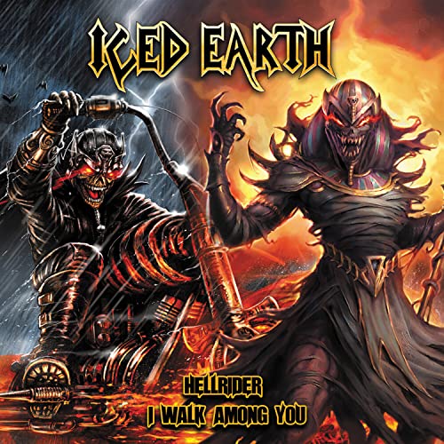 Iced Earth album cover: a dark, illustrated warrior with a motorcycle.