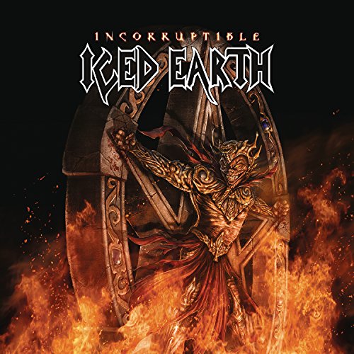 Iced Earth album cover: armored figure amidst flames and ornate stonework.