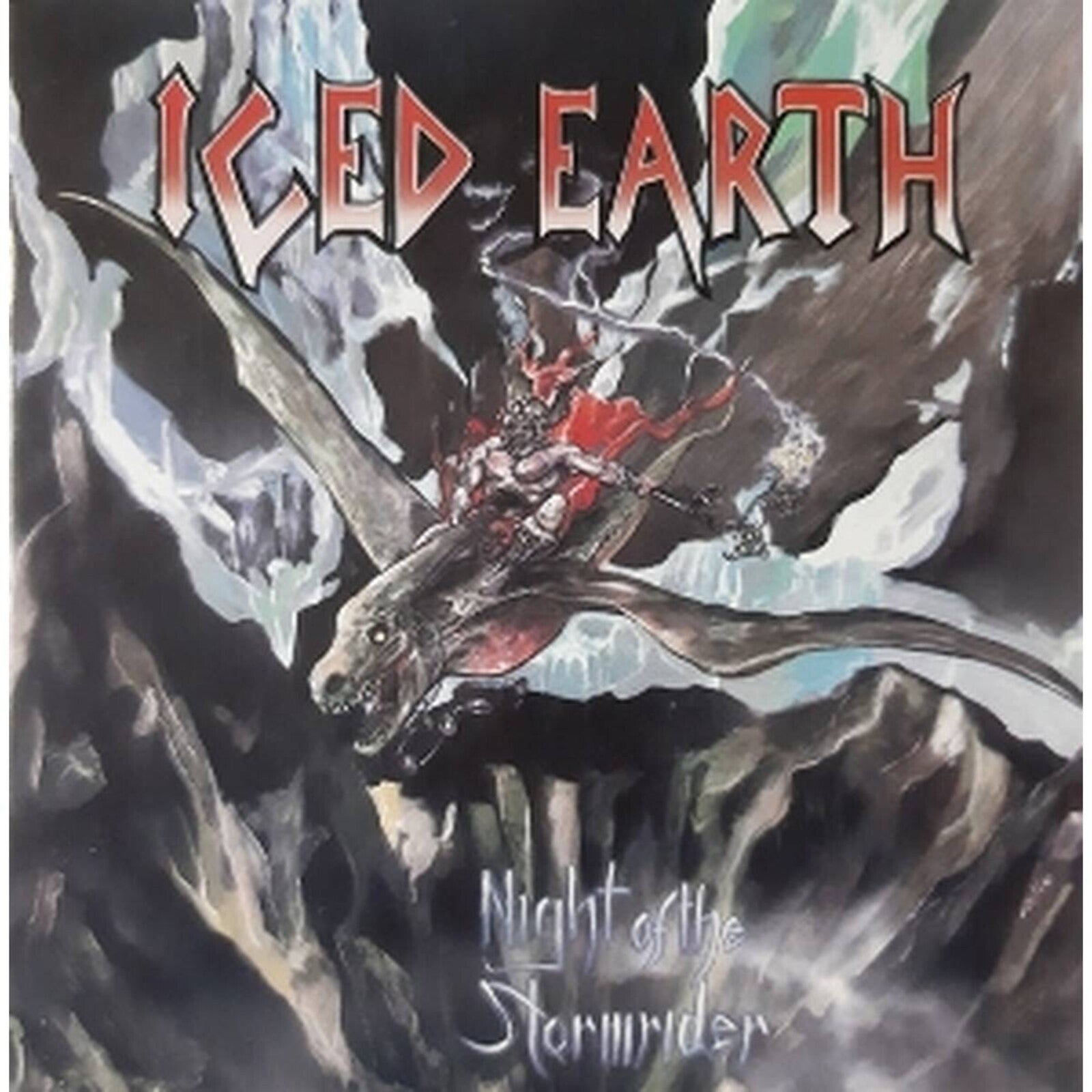 Iced Earth album cover: a warrior riding a dragon through a storm.