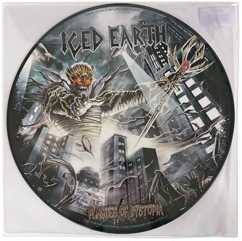Iced Earth Plagues of Dystopia picture disc vinyl featuring a monster over a city.