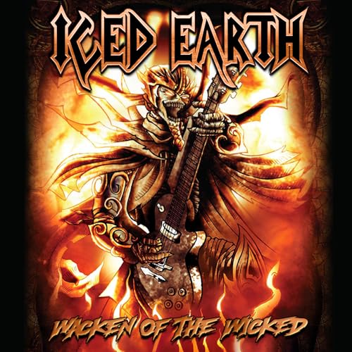 Iced Earth album cover: skeletal warrior playing guitar amidst flames.