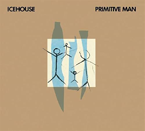 Icehouse "Primitive Man" CD cover with stick figures and blue shapes.