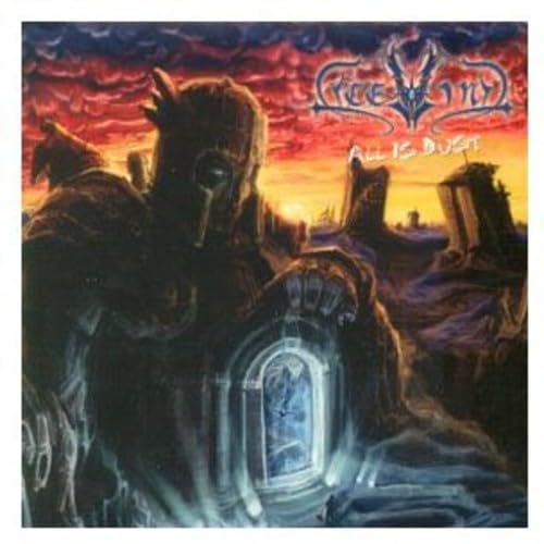CD cover art: armored figure amidst ruins, fiery sunset backdrop.