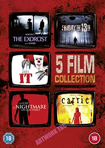 DVD cover featuring five horror movie posters in television frames on a red background.