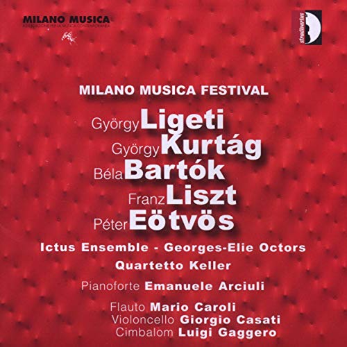 Red album cover with white text listing composers and performers.