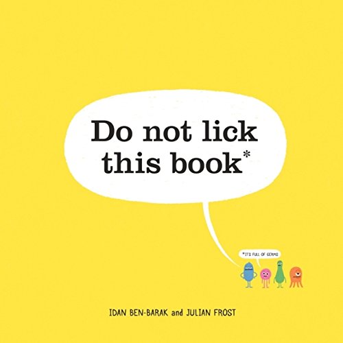 "Yellow children's book cover with speech bubble and cartoon characters."