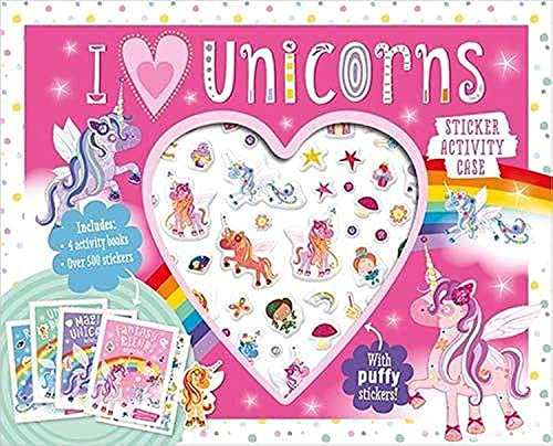 Pink box set with unicorn illustrations, puffy stickers, and activity books.