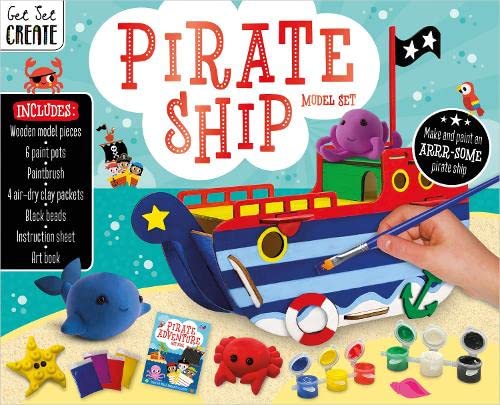 Wooden pirate ship model set with paint, clay, and crafting supplies.