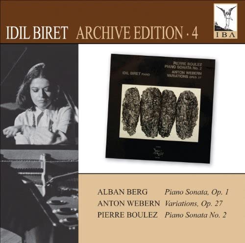 CD cover featuring pianist Idil Biret and abstract artwork, listing composers Berg, Webern, Boulez.