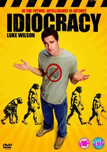 Luke Wilson stands on a yellow background with evolutionary silhouettes behind him on DVD cover.
