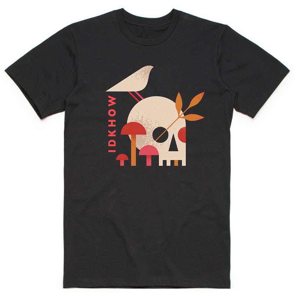 Black t-shirt with IDKHow band logo: skull and mushrooms graphic.