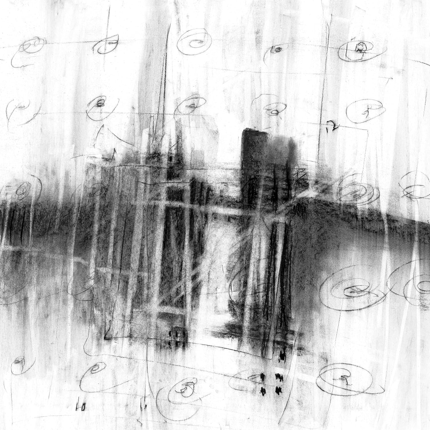 Abstract grayscale cityscape with sketched circles and figures.
