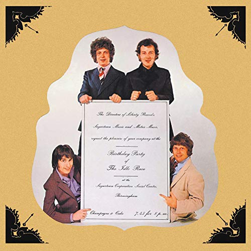 "Album cover featuring four men holding a large invitation card on a beige background."