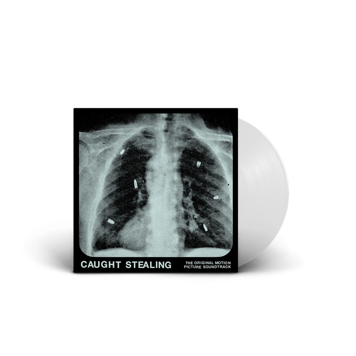 White vinyl LP with an X-ray image of a chest and text overlay.