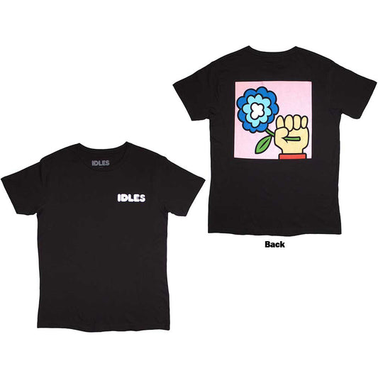 Small unisex t-shirt with a cartoon flower design printed on the back.