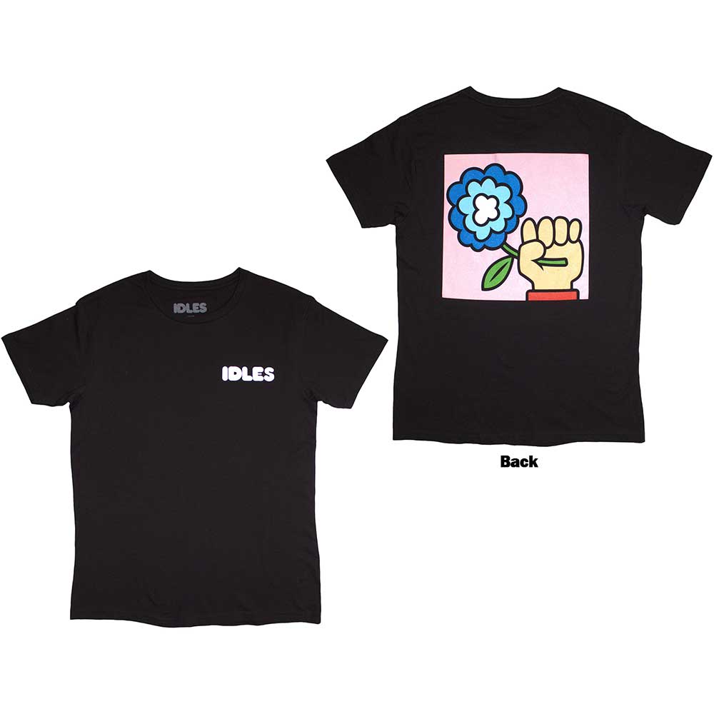 Small unisex t-shirt with a cartoon flower design printed on the back.