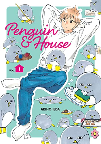 Manga cover featuring a young man and several cartoon penguins.