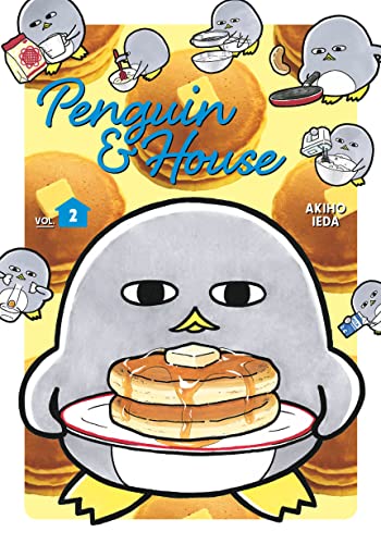 Illustration of a grey penguin holding a plate of pancakes with butter.