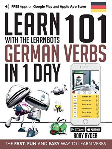 Book cover featuring cartoon robots and text: "Learn 101 German Verbs in 1 Day".