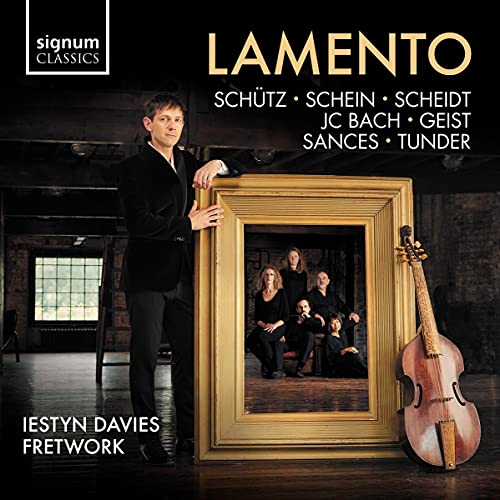 Iestyn Davies album cover featuring a man with a baroque frame and musicians.