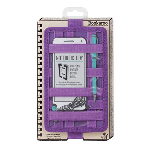 Purple spiral notebook tidy with pen, phone, and cable storage.