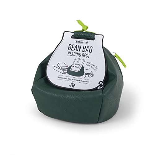 Dark green bean bag reading rest with handle, packaged with a tag.