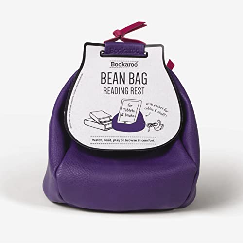 Purple bean bag reading rest with a white tag displaying “Bookaroo Bean Bag”.