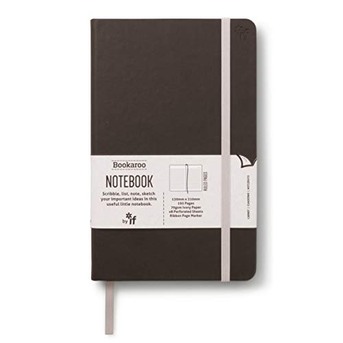 Black Bookaroo notebook with a white paper belly band and an elastic closure strap.