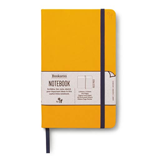 Yellow notebook with mustard-colored cover, featuring the Bookaroo brand, blank interior pages inside.