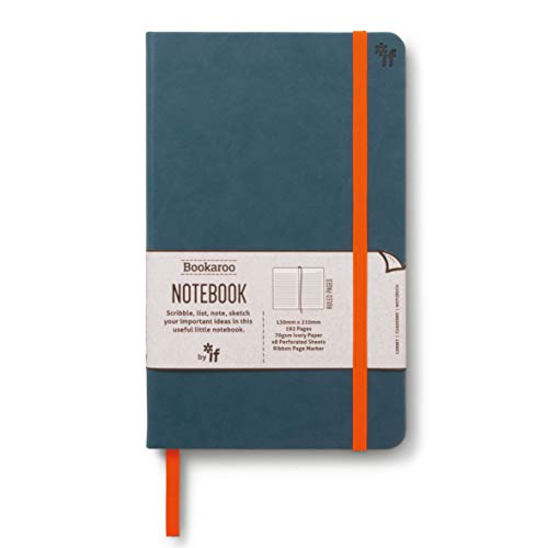Teal Bookaroo notebook with an orange ribbon and label.