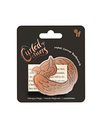 Copper-toned metal bookmark shaped like a curled-up sleeping owl.