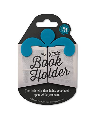 Blue flower-shaped book holder on retail packaging card.