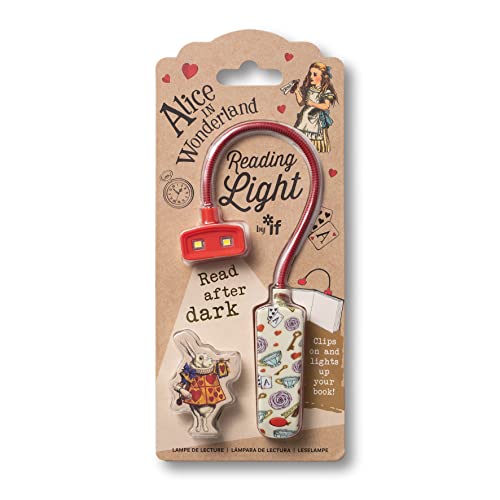 Alice in Wonderland themed red flexible reading light on cardboard packaging.