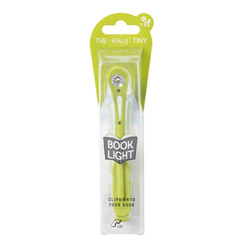 Chartreuse clip-on book light in clear plastic retail packaging.