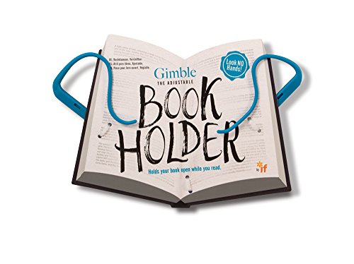 Blue Gimble book holder with adjustable arms, open book design.
