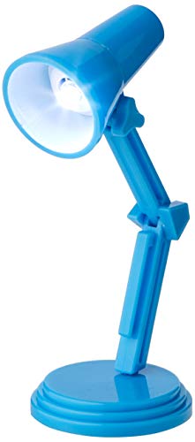 Small blue articulated desk lamp with a round base and glowing LED bulb.